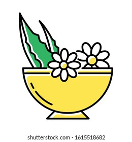 Leaves in bowl color icon. Medicinal herbs and flowers in mortar. Botanical ingredients for organic cosmetology. Natural skincare. Healthy plant mix. Dermatology. Isolated vector illustration