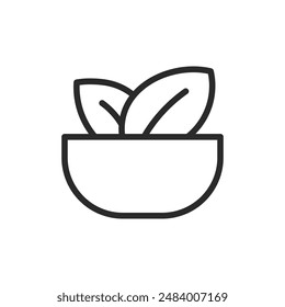 Leaves in bowl, linear style icon. Salad. Editable stroke width