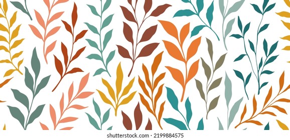 Leaves branch and Hand Drawn doodle Scribble floral plants banner. seamless pattern. Creative minimalist Abstract art background. Design wall decoration, postcard, poster or brochure