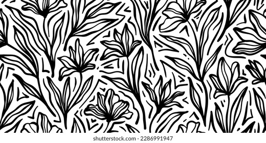 Leaves branch and Hand Drawn doodle Scribble floral plants banner. seamless pattern. Creative minimalist Abstract art background. Design wall decoration, postcard, poster or brochure