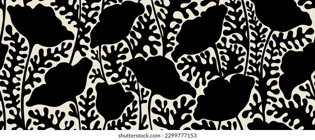 Leaves branch and Hand Drawn doodle Scribble floral plants banner. seamless pattern. Creative minimalist Abstract art background. Design wall decoration, postcard, poster or brochure