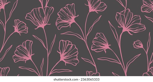 Leaves branch and Hand Drawn doodle Scribble floral plants banner. seamless pattern. Creative minimalist Abstract art background. Design wall decoration, postcard, poster or brochure
