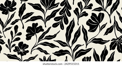 Leaves branch and Hand Drawn doodle Scribble floral plants banner, seamless pattern. Creative minimalist Abstract art background. Design wall decoration, postcard, poster or brochure