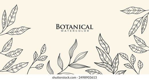 Leaves branch and Hand Drawn doodle Scribble floral plants banner. Abstract leaf. Creative minimalist Abstract art botanical background. Design wall decoration, postcard, poster or brochure