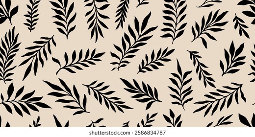 Leaves branch and Hand Drawn doodle Scribble floral plants banner. seamless pattern. Creative minimalist Abstract art background. Design wall decoration, postcard, poster or brochure