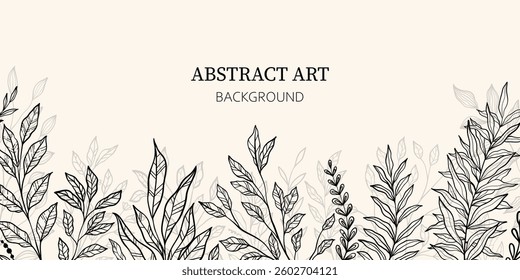 Leaves branch and Hand Drawn doodle Scribble floral plants banner. Creative minimalist Abstract art background. Design wall decoration, postcard, poster or brochure	