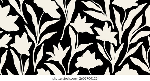 Leaves branch and Hand Drawn doodle Scribble floral plants banner. seamless pattern. Creative minimalist Abstract art background. Design wall decoration, postcard, poster and brochure	