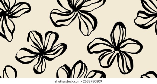 Leaves branch and Hand Drawn doodle Scribble floral plants banner. seamless pattern. Creative minimalist Abstract art background. Design wall decoration, postcard, poster or brochure