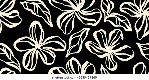 Leaves branch and Hand Drawn doodle Scribble floral plants banner. seamless pattern. Creative minimalist Abstract art background. Design wall decoration, postcard, poster or brochure