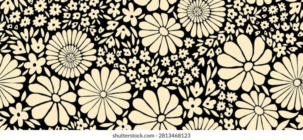 Leaves branch and Hand Drawn doodle Scribble floral plants banner. seamless pattern. Creative minimalist Abstract art background. Design wall decoration, postcard, poster or brochure