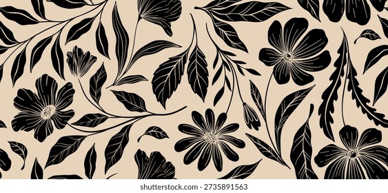 Leaves branch and Hand Drawn simple floral plants banner. seamless pattern. Creative minimalist Abstract art background. Design wall decoration, postcard, poster or brochure