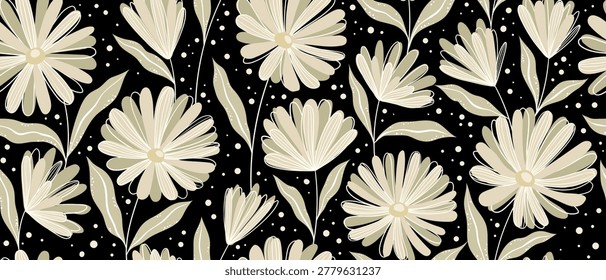 Leaves branch and Hand Drawn simple floral plants banner. seamless pattern. Creative minimalist Abstract art background. Design wall decoration, postcard, poster and brochure