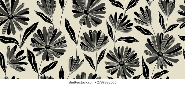 Leaves branch and Hand Drawn simple floral plants banner. seamless pattern. Creative minimalist Abstract art background. Design wall decoration, postcard, poster or brochure