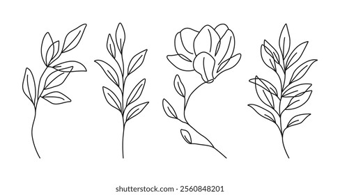 Leaves Branch Line Drawing Set. Line Art Floral Design. Abstract Line Drawing of Flowers and Leaves. Stylized Botanical Vector Illustration. Not AI