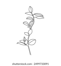 Leaves Branch One Line Drawing. Leaves Continuous Line Drawing. Black White Botanical Artwork. Minimalist Floral Design. Vector EPS 10.