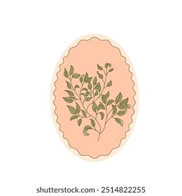 Leaves branch oval badge isolated on white background. Vector hand drawn flat illustration