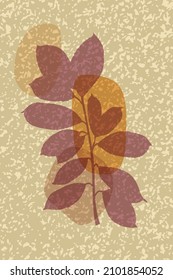 Leaves Branch Silhouette, minimal boho wall art. Hand drawn organic shape plant, spot. Lilac orange yellow palette. Natural grunge textured background. Vector