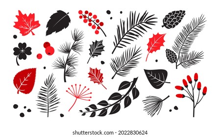 Leaves, branch,  tree, berry vector set,  autumn and winter plants, hand drawn elements on white background. Nature illustration