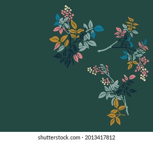 leaves branch vector card japanese chinese nature ink illustration engraved sketch traditional textured colorful