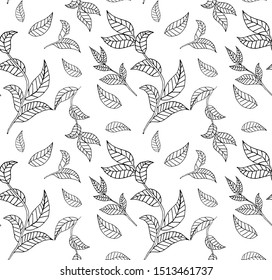 Leaves and branches hand drawn vector seamless pattern. Tree foliage on white background. Flora leafage textile print. Plant twigs botanical fabric, wallpaper, wrapping paper design