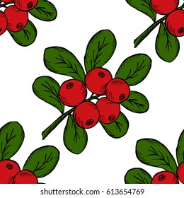 ?owberry with leaves and branches.  Illustration doodle sketch hand-drawn bunch of ripened lingonberry. Seamless pattern. Vintage retro style. Ripe cranberry with leaves and branches.