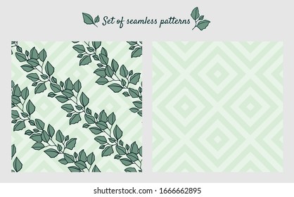 Hojas, ramas sobre un fondo geométrico de hombros. Conjunto de patrones sin fisuras en color verde en un tono monocromo. Ornamento para los tejidos modernos para el hogar, los tapices interiores y otras ideas de diseño.
