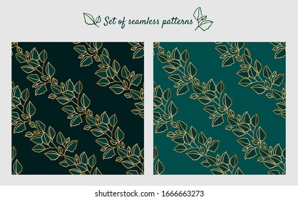 Leaves, branches on a geometric background of rhombuses. Set of seamless pattern in green, gold colors a monochrome tone. Ornament for modern home textiles, interior wallpapers and other design ideas
