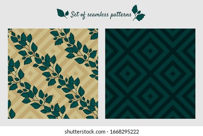 Leaves, branches on a geometric background rhombuses seamless pattern