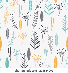 Leaves branches pattern. In retro style. It contains simple forms leaves and twigs and leaves with berries. Color version.