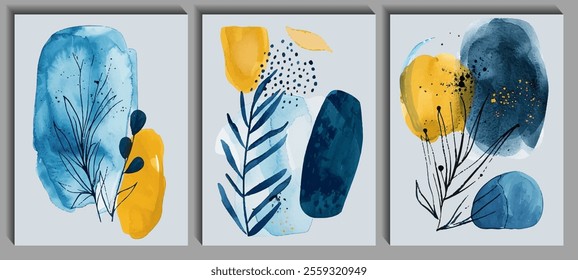 Leaves and branches plant outline wall decor printable posters collection. Pastel blue gold colors grass leaves abstract artworks. Blue and gold paint stains. Natural covers design. Organic themes.