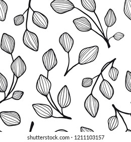 Leaves and branches seamless pattern. Black and white texture with hand drawn plants. Modern and original textile, wrapping paper, wall art design. Vector. Monochrome. Floral simple minimalist graphic