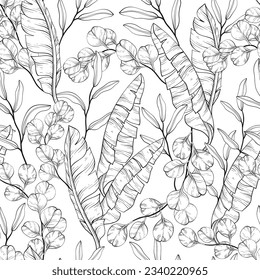 Leaves and branches seamless pattern. Eucalyptus and banana leaves and twigs. Black and white. Vector illustration