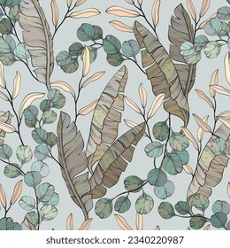 Leaves and branches seamless pattern. Eucalyptus and banana leaves. Vector illustration