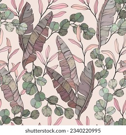 Leaves and branches seamless pattern. Eucalyptus and banana leaves and twigs. Vector illustration