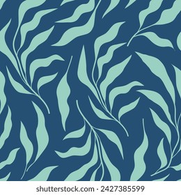 Leaves and branches seamless pattern.  Vector foliage silhouettes. Natural black organic ornament on dark blue background