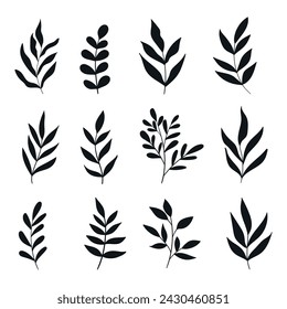 Leaves and branches silhouettes set. Wild plants and garden leaves silhouettes on white background