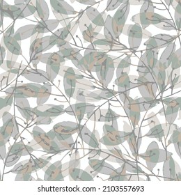 Leaves and branches texture pattern. Multiple texture leaves in grey, green and beige colors.