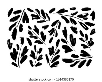 Sale y ramas de la colección vectorial. Elementos de planta dibujados a mano pintados con un cepillo. Tejidos, hojas o tiras. Silueta de hierbas aisladas sobre fondo blanco. Imágenes prediseñadas e iconos de elementos florales