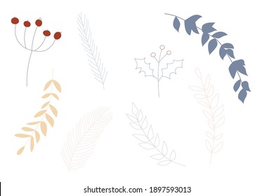 Leaves and branches - Vector hand drawn plants. Collection of botanical illustration. Template design for sail, wedding save date, envelope, valentine, for party, holiday decor.	