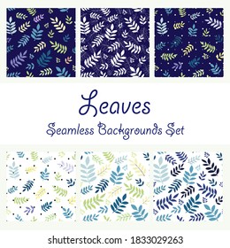 Leaves and branches, vector seamless backgrounds collection set, blue, yellow, purple, green, turquoise,  polka dots, small skyblue dots, blue background