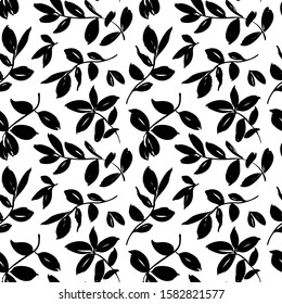 Leaves and branches vector seamless pattern. Brush leaves and twigs. Olive, sage or eucalyptus branch modern pattern. Ink illustration. Abstract black and white background with distressed texture