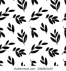 Leaves and branches vector seamless pattern. Brush leaves and twigs. Olive branch modern pattern. Black ink illustration. Abstract black and white background with distressed texture