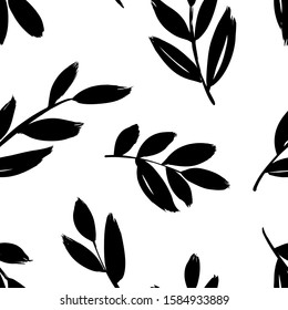 Leaves and branches vector seamless pattern. Brush leaves and twigs. Olive branch modern pattern. Black ink illustration. Abstract black and white background with distressed texture