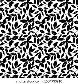 Leaves and branches vector seamless pattern. Brush leaves and twigs. Olive, sage or eucalyptus branch modern pattern. Ink illustration. Abstract black and white background with distressed texture