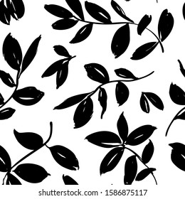 Leaves and branches vector seamless pattern. Brush leaves and twigs. Olive, sage or eucalyptus branch modern pattern. Ink illustration. Abstract black and white background with distressed texture