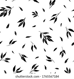 Leaves and branches vector seamless pattern. Black brush leaves and twigs. Olive branch modern ornament. Black ink brush texture with foliage. Hand drawn acacia, laurel twig. Abstract plant motif