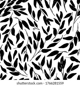 Leaves and branches vector seamless pattern. Black brush leaves and twigs. Olive branch modern ornament. Black ink texture with foliage. Hand drawn eucalyptus, laurel twig. Abstract plant motif