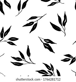 Leaves and branches vector seamless pattern. Black brush leaves and twigs. Olive branch modern ornament. Black ink brush texture with foliage. Hand drawn acacia, laurel twig. Abstract plant motif