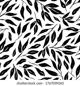 Leaves and branches vector seamless pattern. Black brush leaves and twigs. Olive branch modern ornament. Black ink texture with foliage. Hand drawn eucalyptus, laurel twig. Abstract plant motif