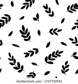 Leaves and branches vector seamless pattern. Black brush leaves and twigs. Olive branch modern ornament. Black ink texture with foliage. Hand drawn eucalyptus, laurel twig. Abstract plant motif